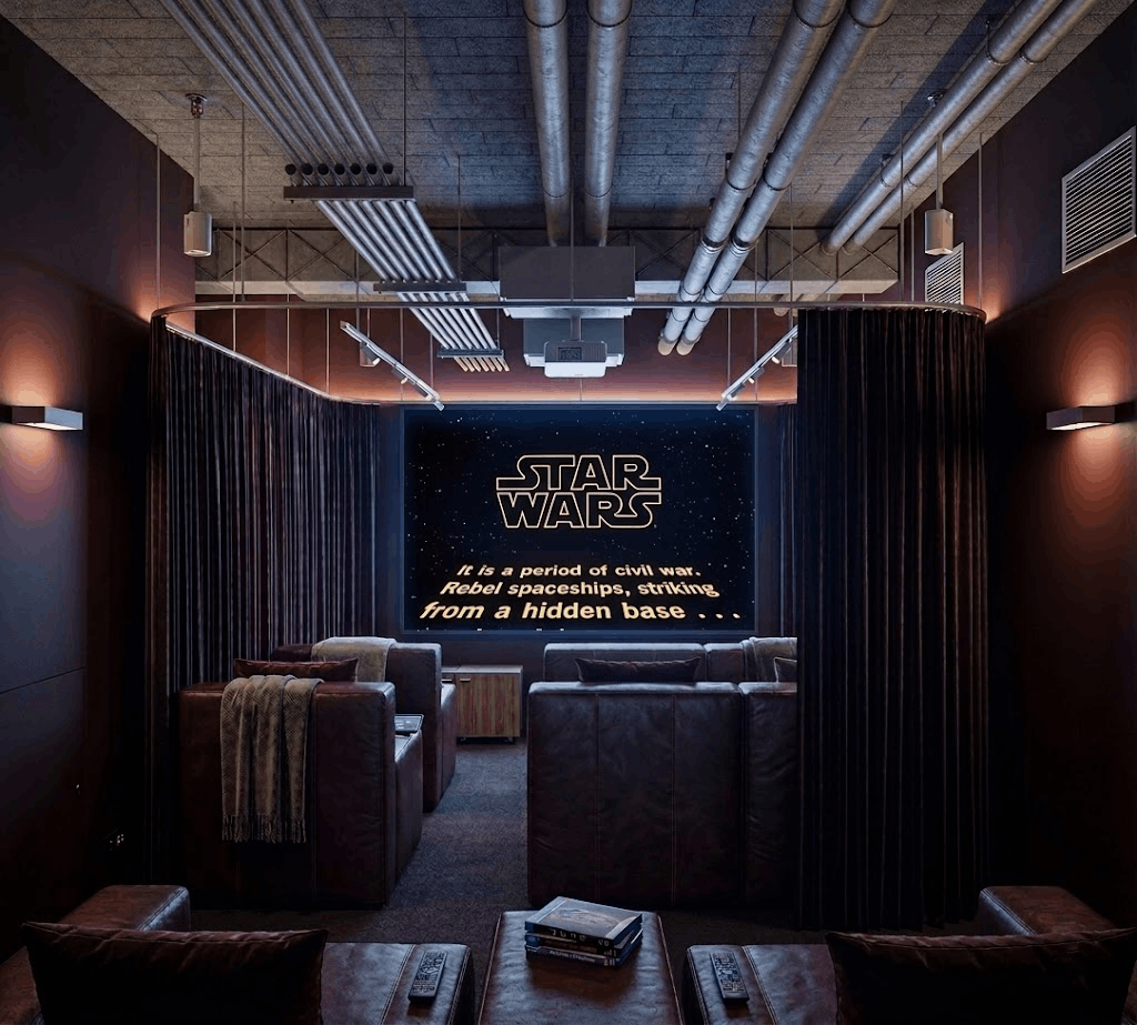 Dim home theater with brown leather seating facing a Star Wars screen displaying the logo and a crawl-like text below the title.