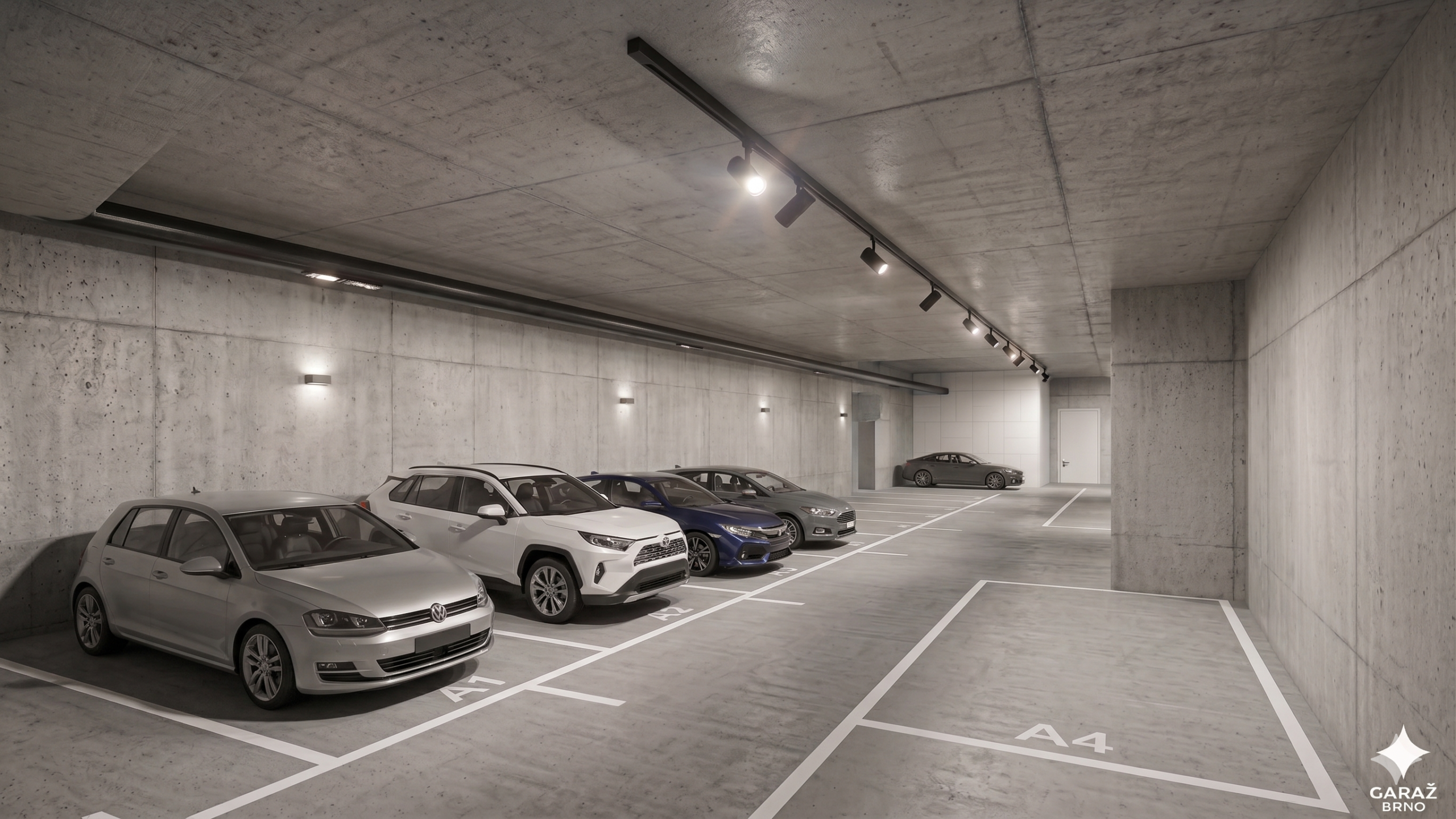 Underground concrete parking garage with several parked cars and labeled spaces like A4 and A1, soft ceiling lights visible